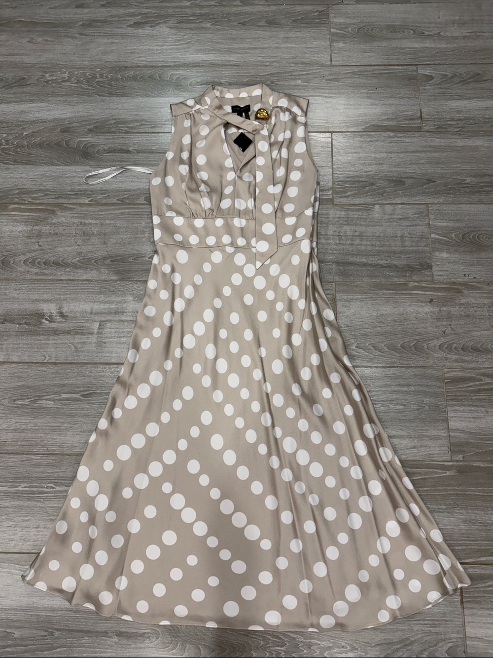 Donna Karan Beige and White Polka Dot Midi Dress
